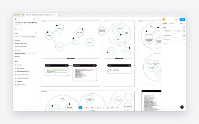 Figma parameter mapping diagram with entity relationships and JSON data examples.