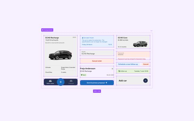 Figma design file displaying an array of annotated components for car details, customer information, follow-up scheduling, and order status.
