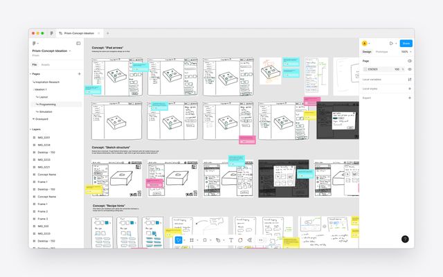 Figma page displaying concept ideation artifacts, such as multiple design iterations, sticky notes and annotations