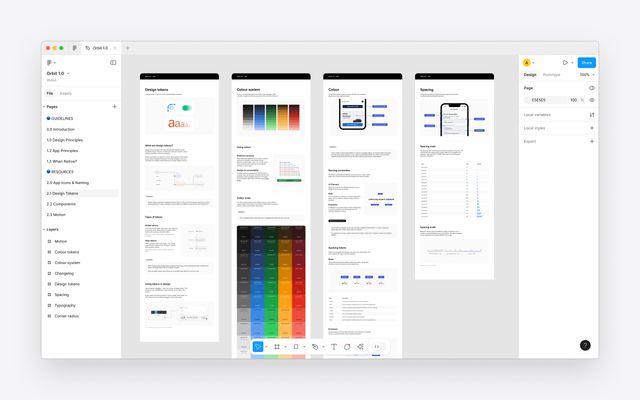 Figma design system file for Volvo Cars, showing design tokens, colour system, spacing, and component documentation in a multi-column layout.