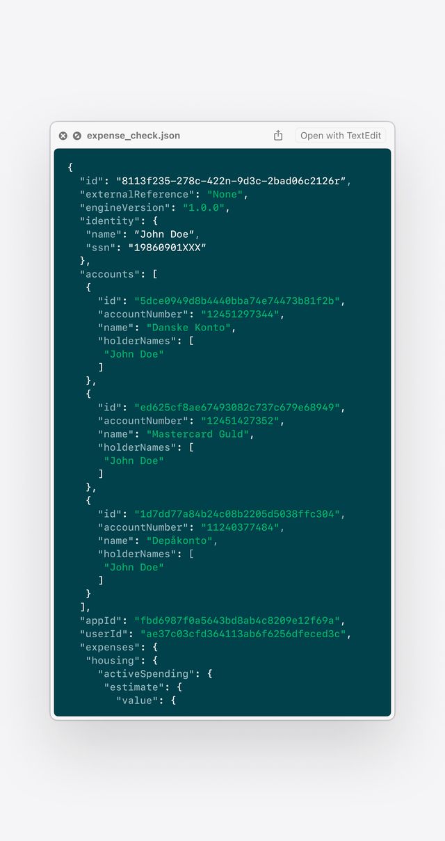 JSON data file open in a text editor, displaying sample risk assessment data for a user.