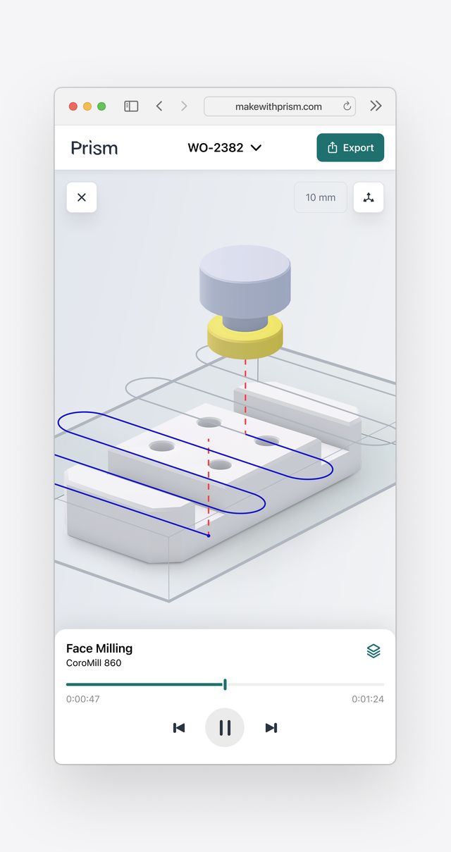Browser interface showing CNC face milling simulation illustrating a facemill following its toolpath across a part model.