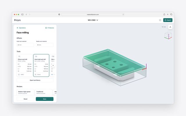 Browser interface showing a selected milling operation, tool details, operation parameters, and a 3D preview of the part.