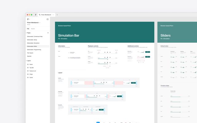 Figma page with detailed layout and interaction specifications, for components such as simulation bars and sliders.
