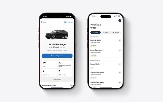 Two mobile screens displaying a car sales app: one with a detailed car offer and configuration options, the other with a daily agenda of follow-ups and new sales cases.